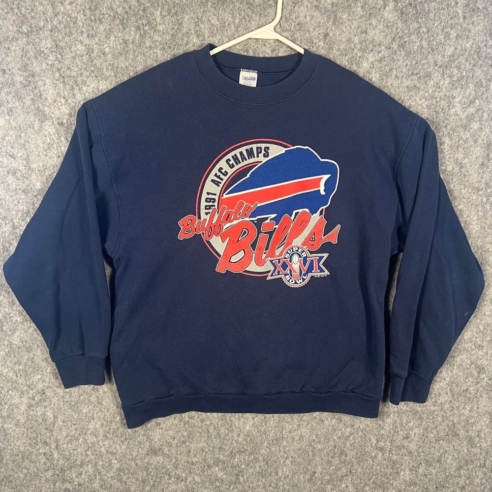 Vintage 1991 Buffalo Bills AFC Champs Super Bowl XXVI Sweatshirt Trench Navy XL